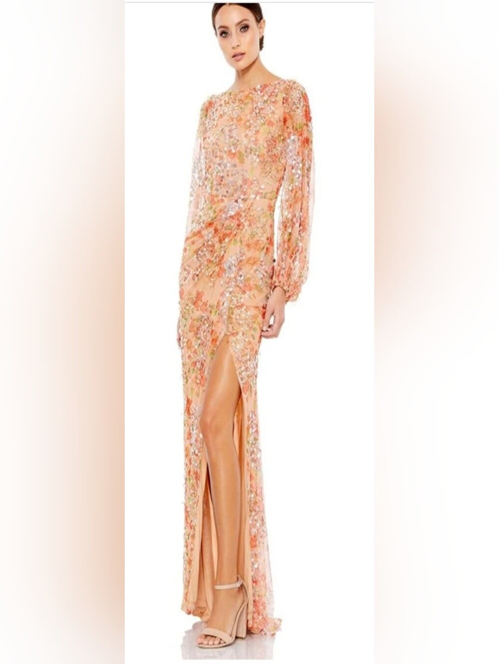 Mac Duggal Peach Sequin & Bead Embellished Long-Sleeve Gown